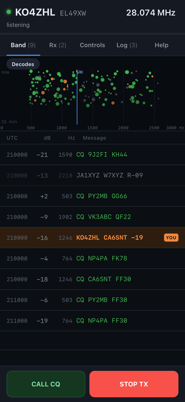 FT8 Hero Band tab: FT8 decodes with a CQ in green and a station calling you in orange