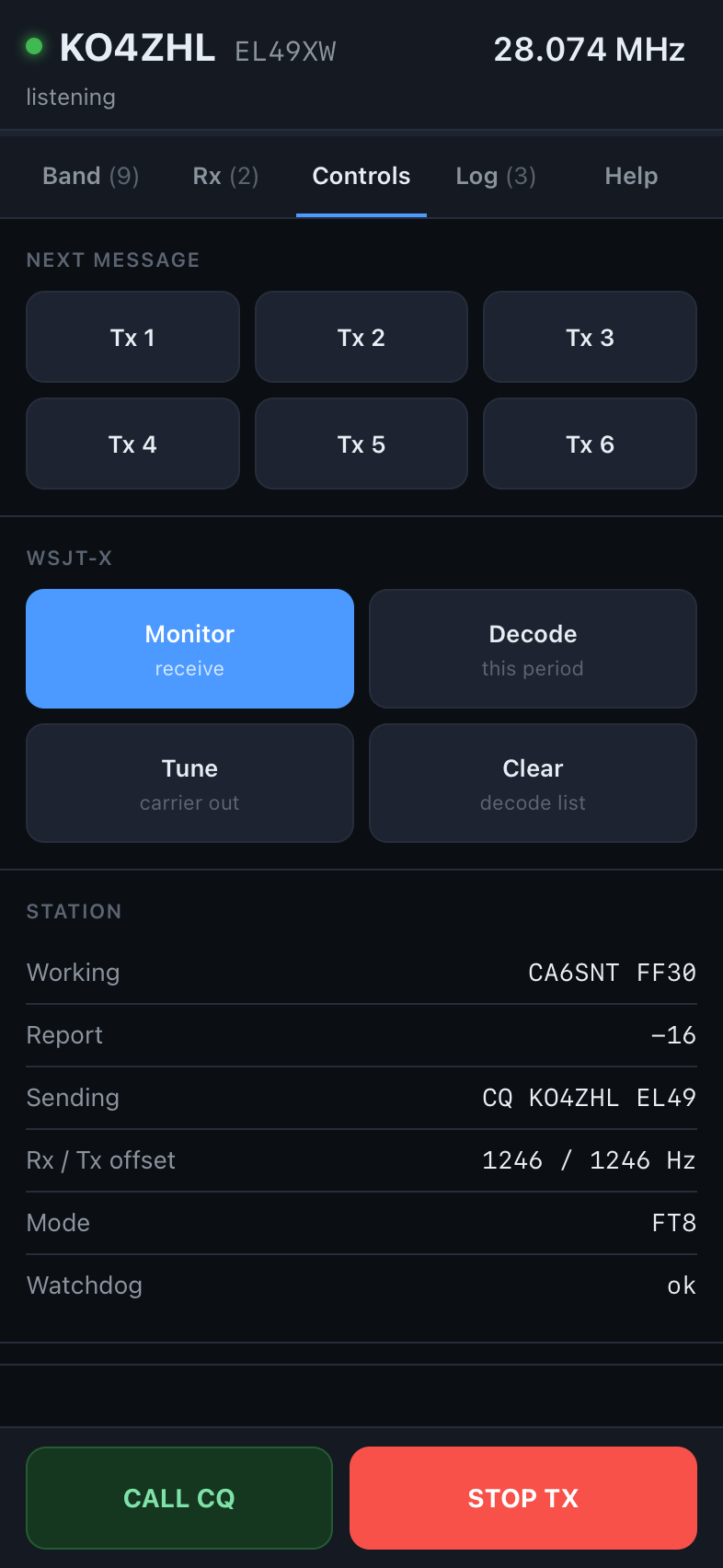 FT8 Hero Controls tab: the six WSJT-X messages, Monitor, Decode, Tune and the band selector